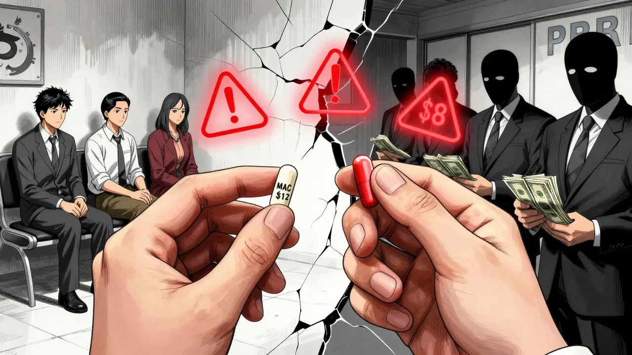 Pharmacist holding two pills with conflicting prices, surrounded by scenes of patient delays and corporate profit.