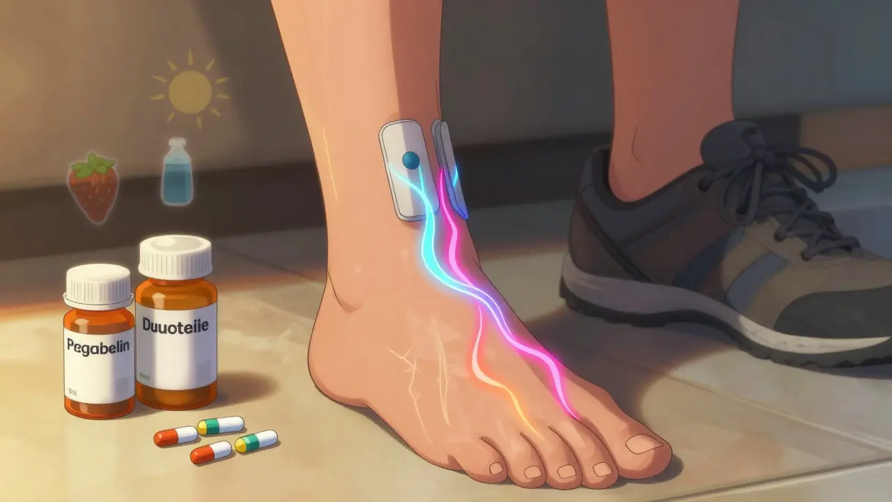 Someone using a TENS unit on their foot with colorful electrical pulses, surrounded by medication and healthy lifestyle symbols.
