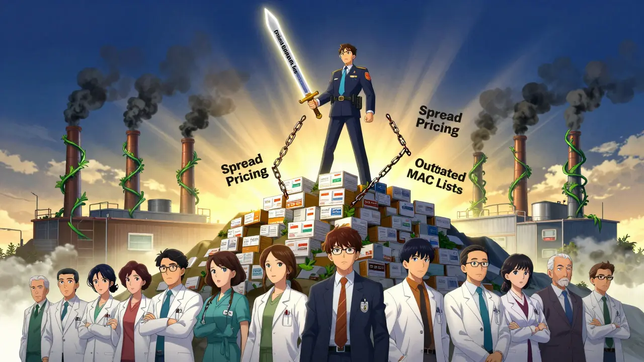 State official defeating drug pricing corruption with a sword, while patients and pharmacists unite for supply stability.