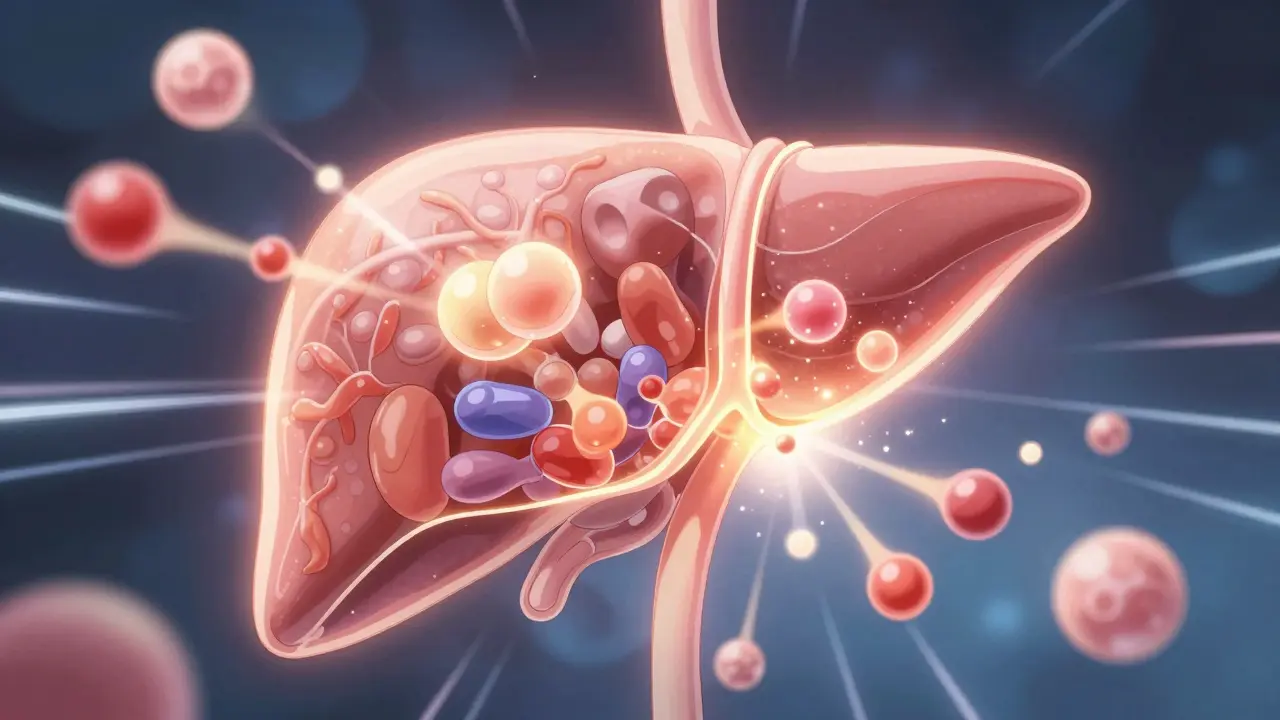 Stylized illustration of liver enzymes breaking down hormones rapidly.