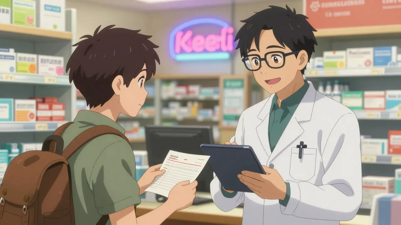 Traveler receiving medication from a pharmacist abroad, holding prescription and letter with warm lighting.