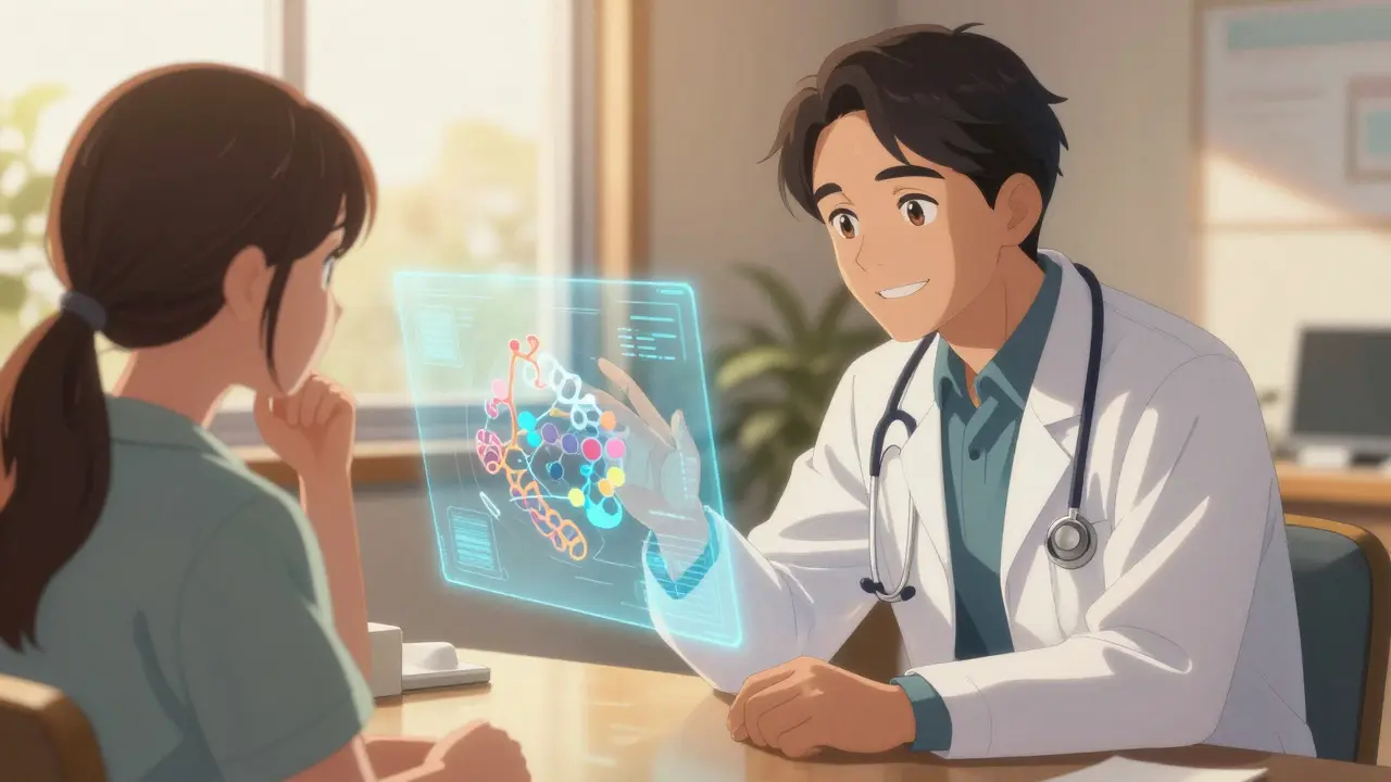 A kind anime doctor explaining protein molecules to a relieved patient.