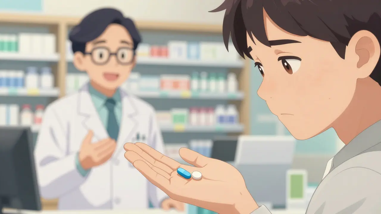 An anime character comparing two different looking generic pills while talking to a pharmacist.