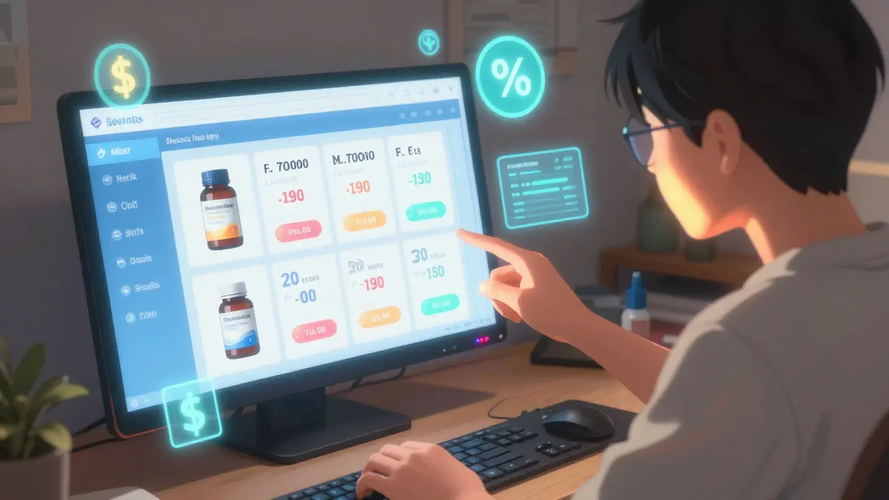 Anime character using a computer to compare bulk prices for allergy medication.