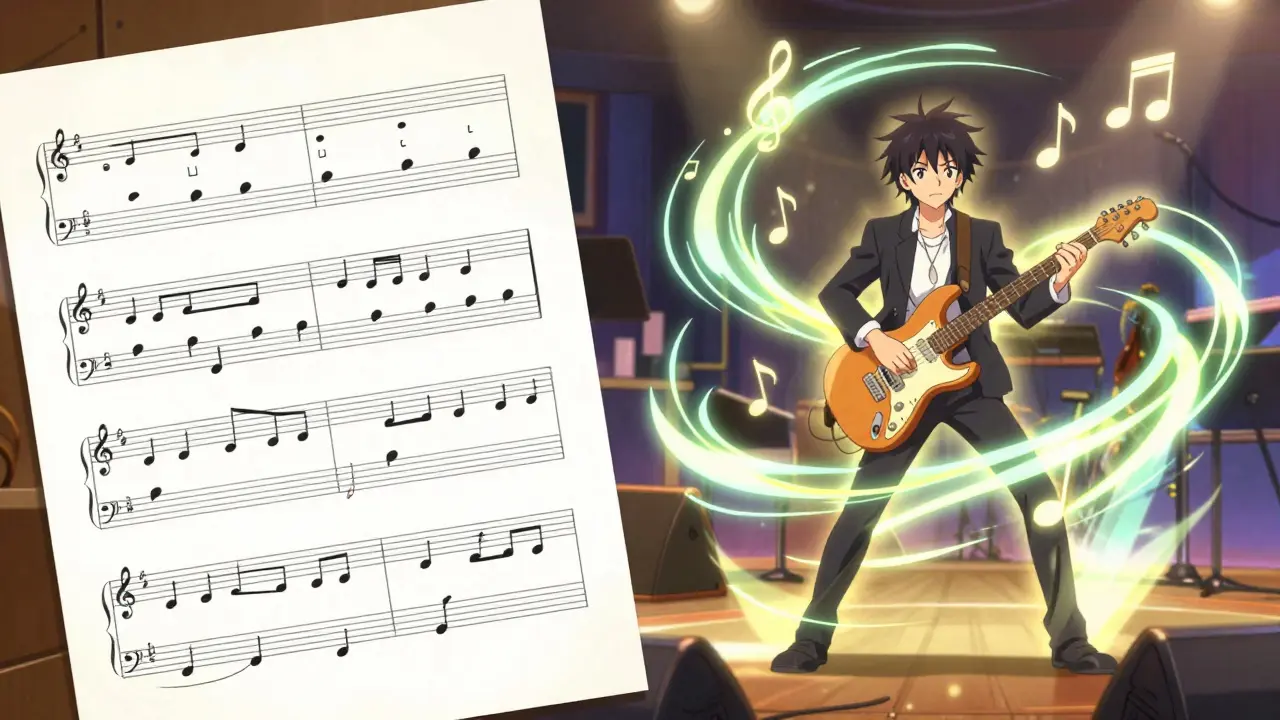 Anime conceptual art comparing a printed score to a dynamic musical performance.