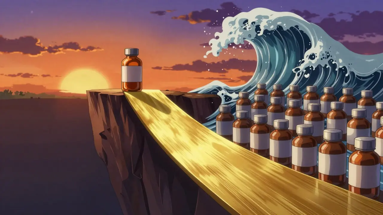 Anime conceptual art of a golden cliff where a luxury drug is overtaken by a wave of generics.