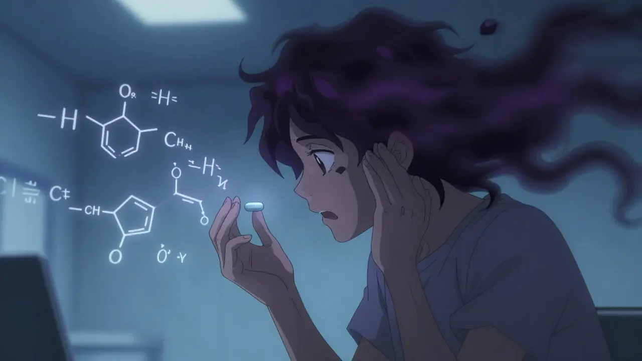 Anime illustration of a person experiencing the nocebo effect while holding a generic pill.