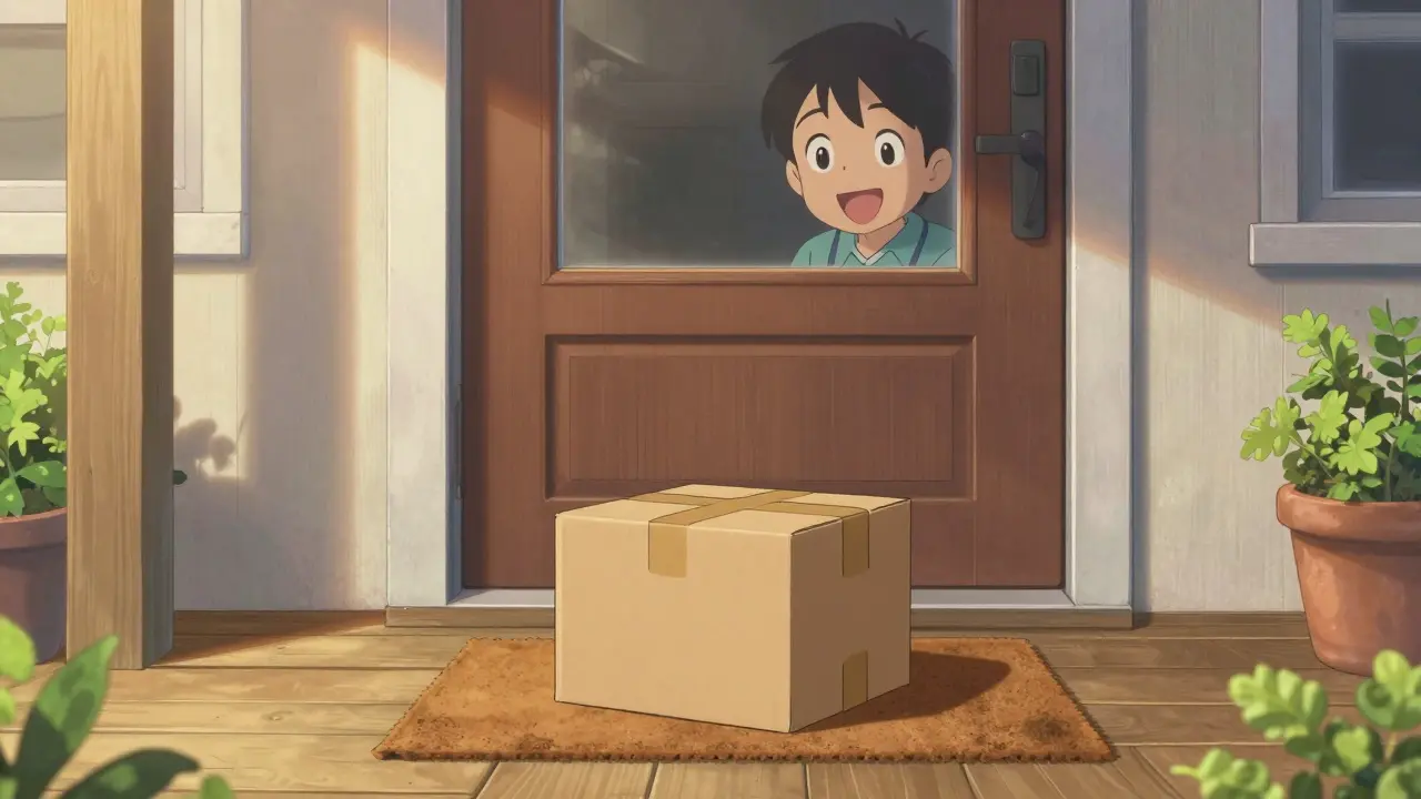 Anime illustration of a pharmacy delivery package arriving at a home doorstep.