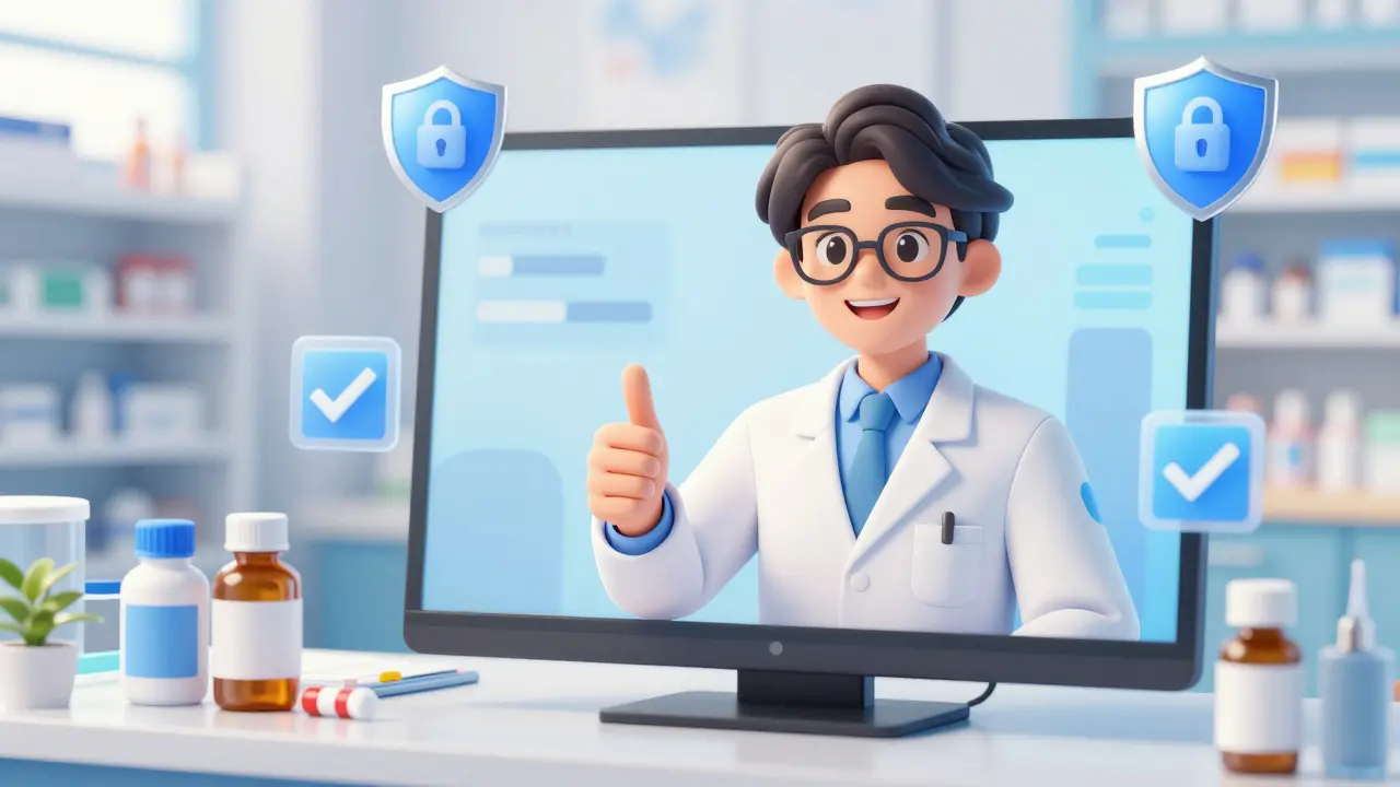 Anime pharmacist during a telehealth consultation for medication