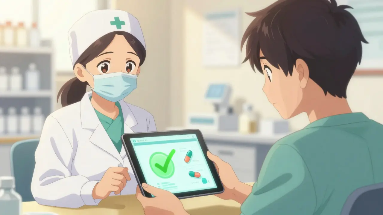 Anime scene of a pharmacist showing a patient scientific data to prove generic drug efficacy.