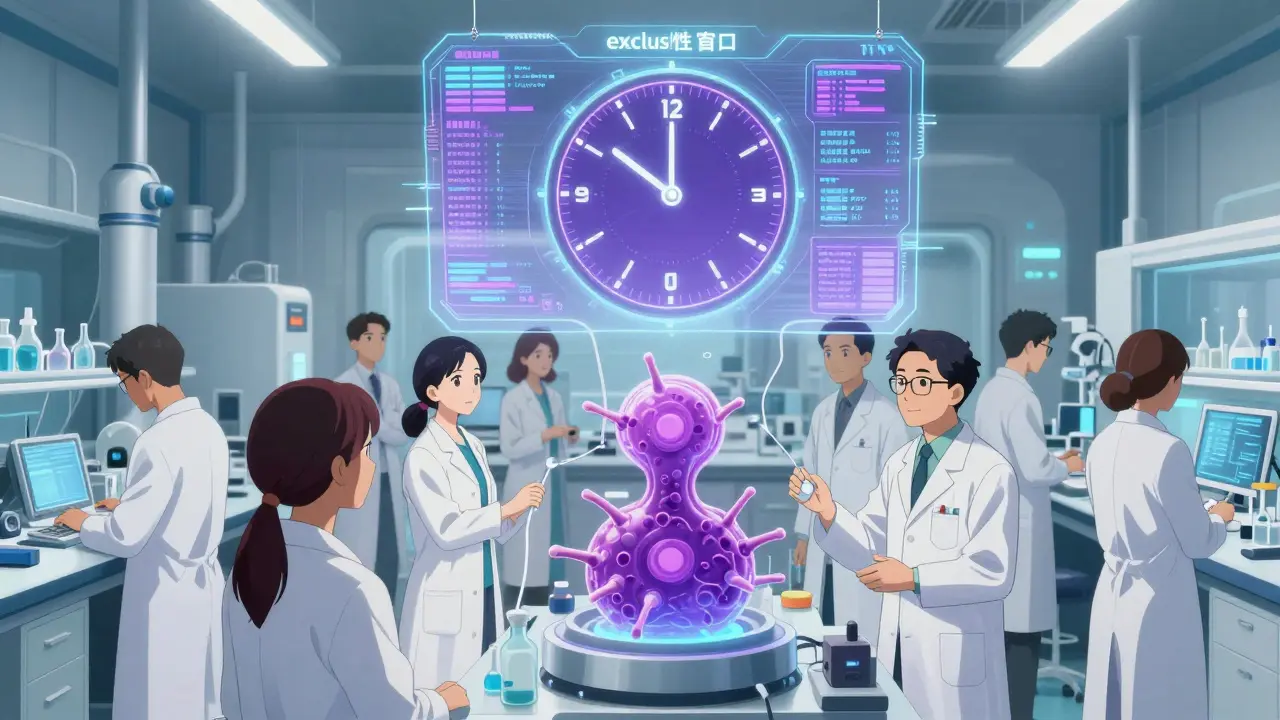 Anime scientists in a futuristic lab with a holographic countdown clock tracking drug exclusivity.