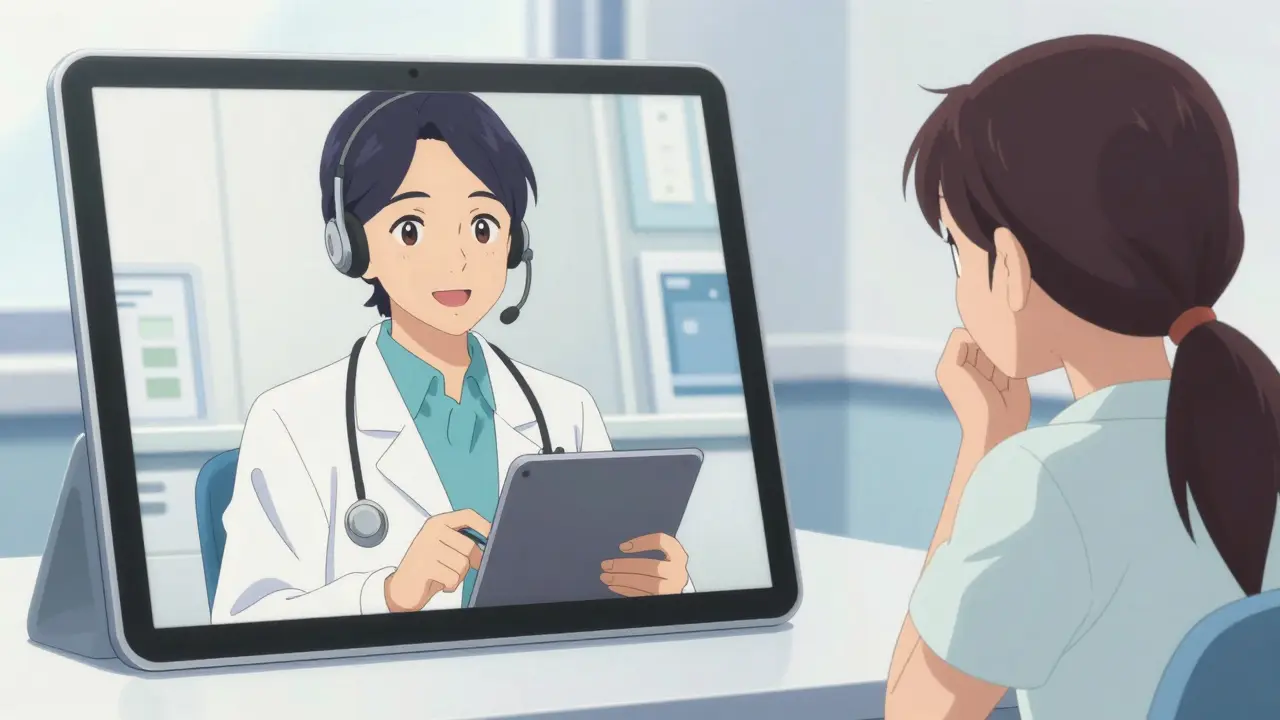 Anime split-screen showing a video consultation between a doctor and a patient.