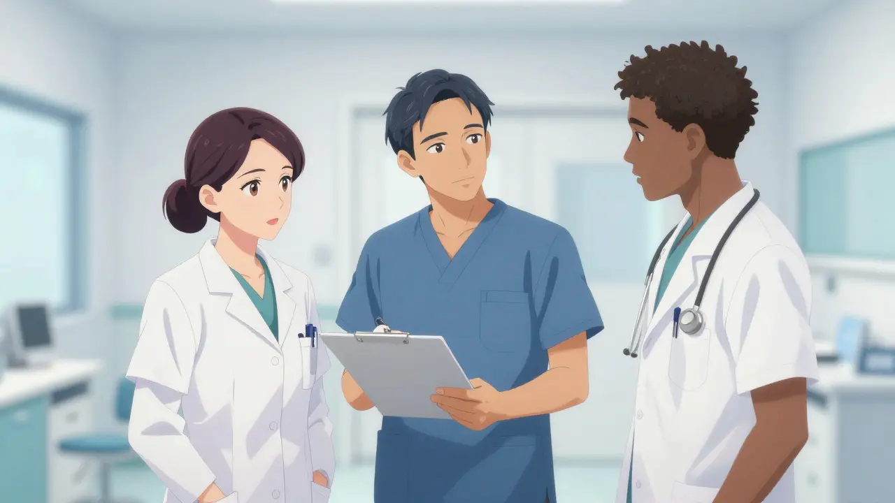 Anime style depiction of a medical team of specialists collaborating in a bright clinic.