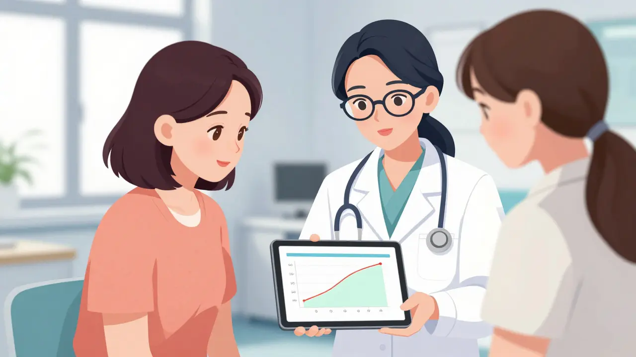 Anime style doctor explaining medication safety to a relieved mother in a clinic