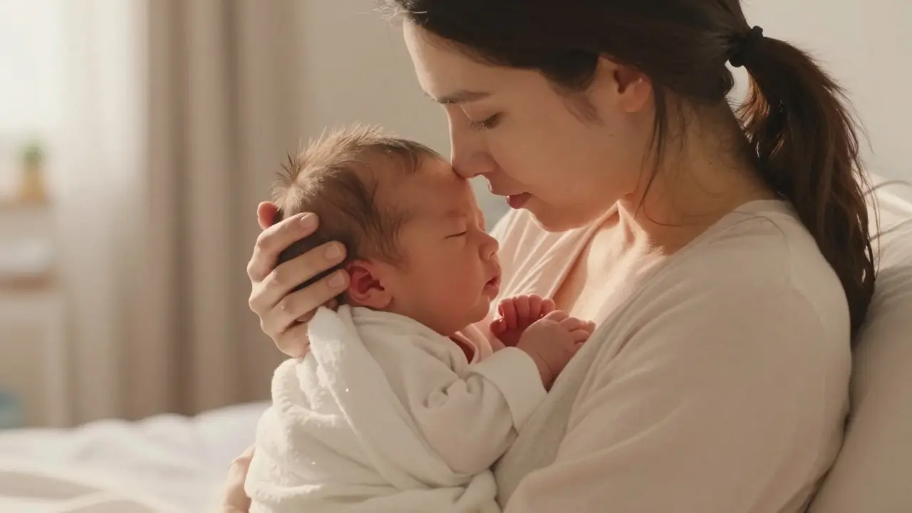 Anime style scene of a mother holding her newborn baby skin-to-skin for comfort.