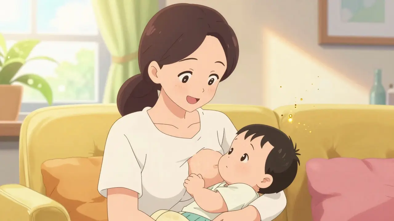 Anime style smiling mother breastfeeding her baby in a bright, sunny room