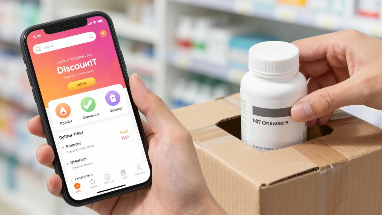 Anime style split screen of a discount app and a packaged medication bottle