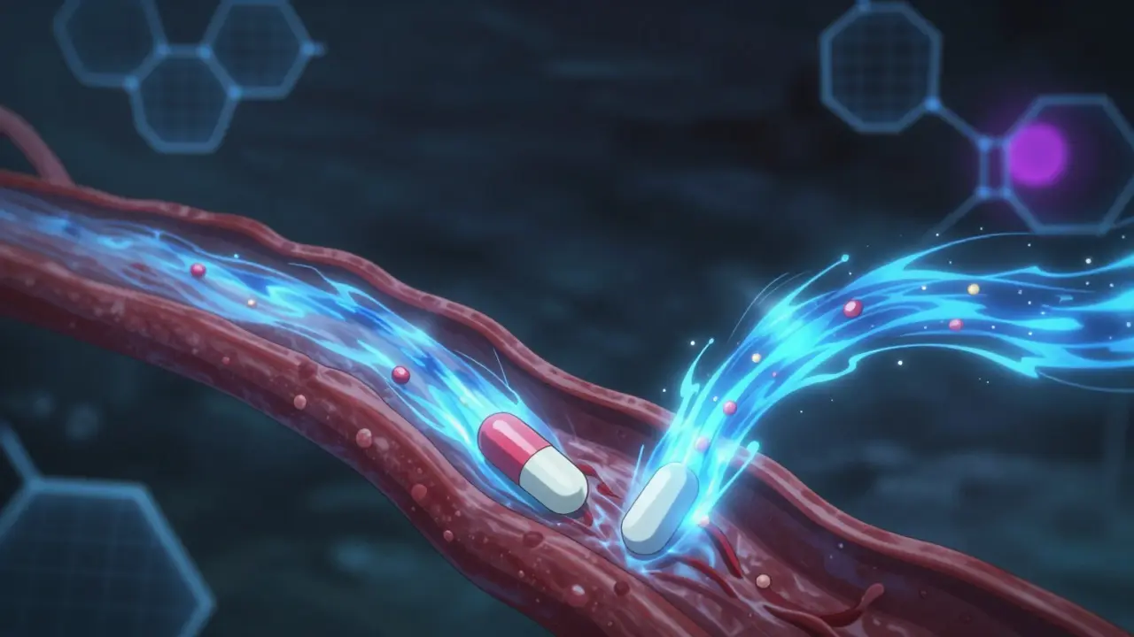 Conceptual anime art showing identical active ingredients from brand and generic drugs entering the bloodstream.