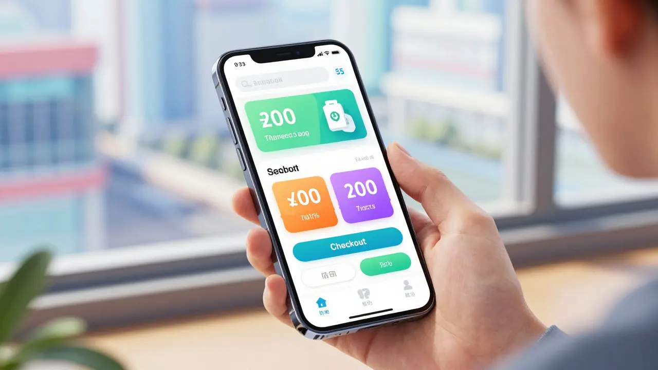 Hand using a smartphone app to find pharmacy coupons in anime style