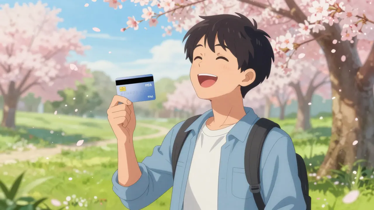 Happy anime character enjoying a spring day in a park, holding a health savings card.