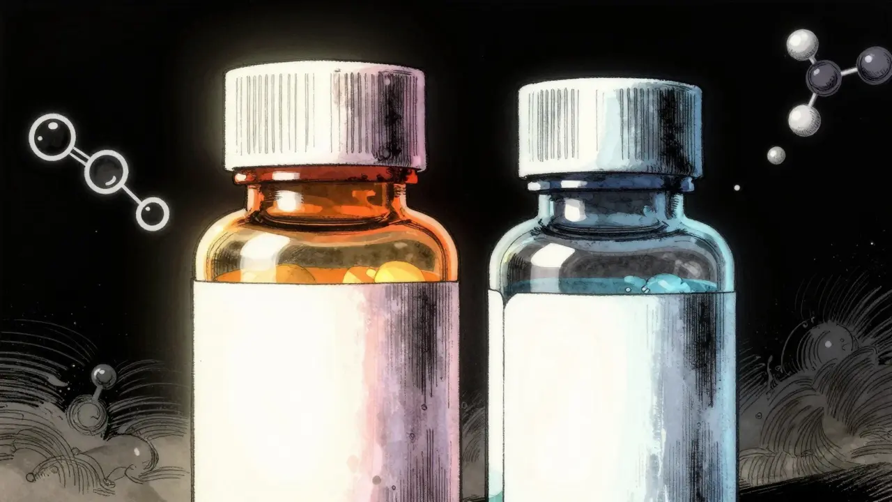 Two medicine bottles compared under dramatic lighting showing potential differences.